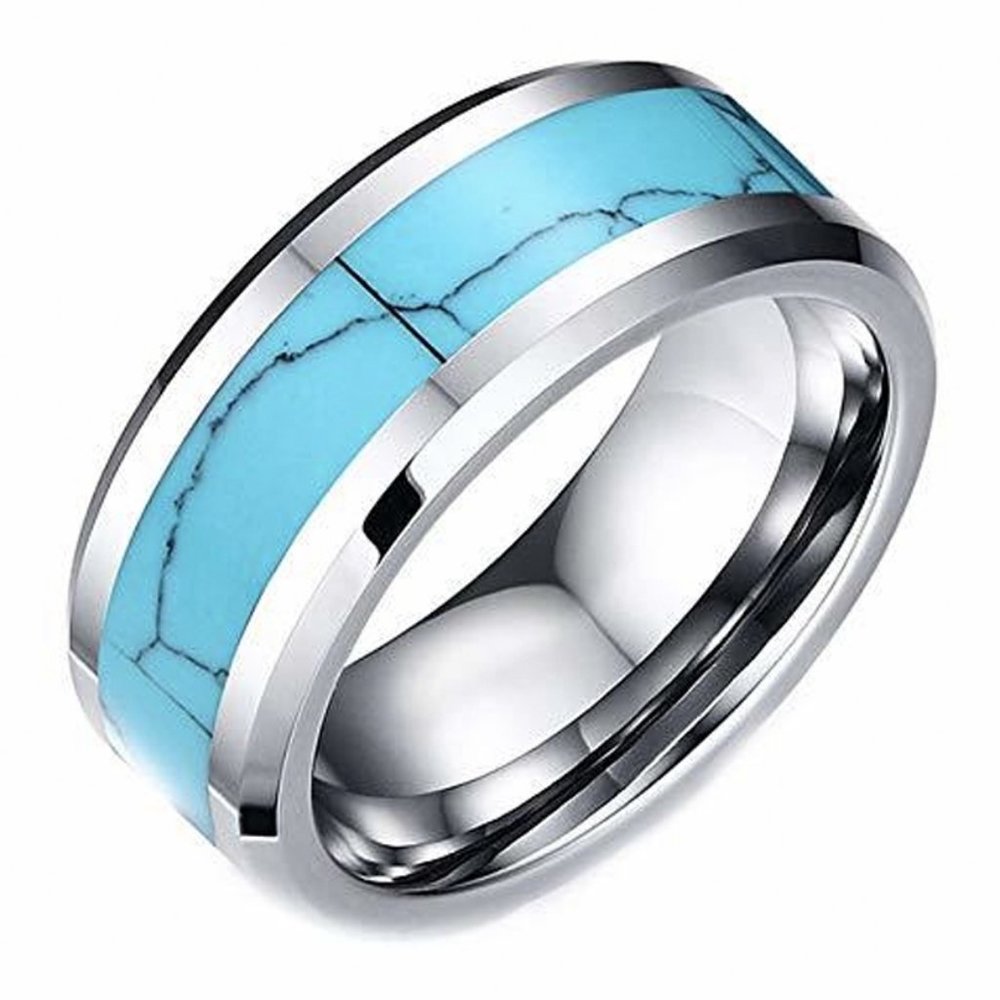 Mens or Womens Silver Tone Tungsten Wedding Band w/ Blue Turquoise Inlay (8mm)
